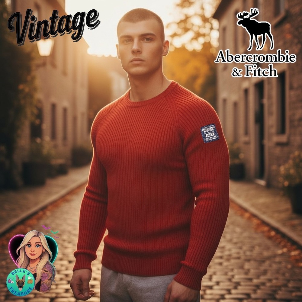 Vintage Abercrombie & Fitch Sweater Mens XL Red Wool Ribbed Knit Muscle Fit Y2K